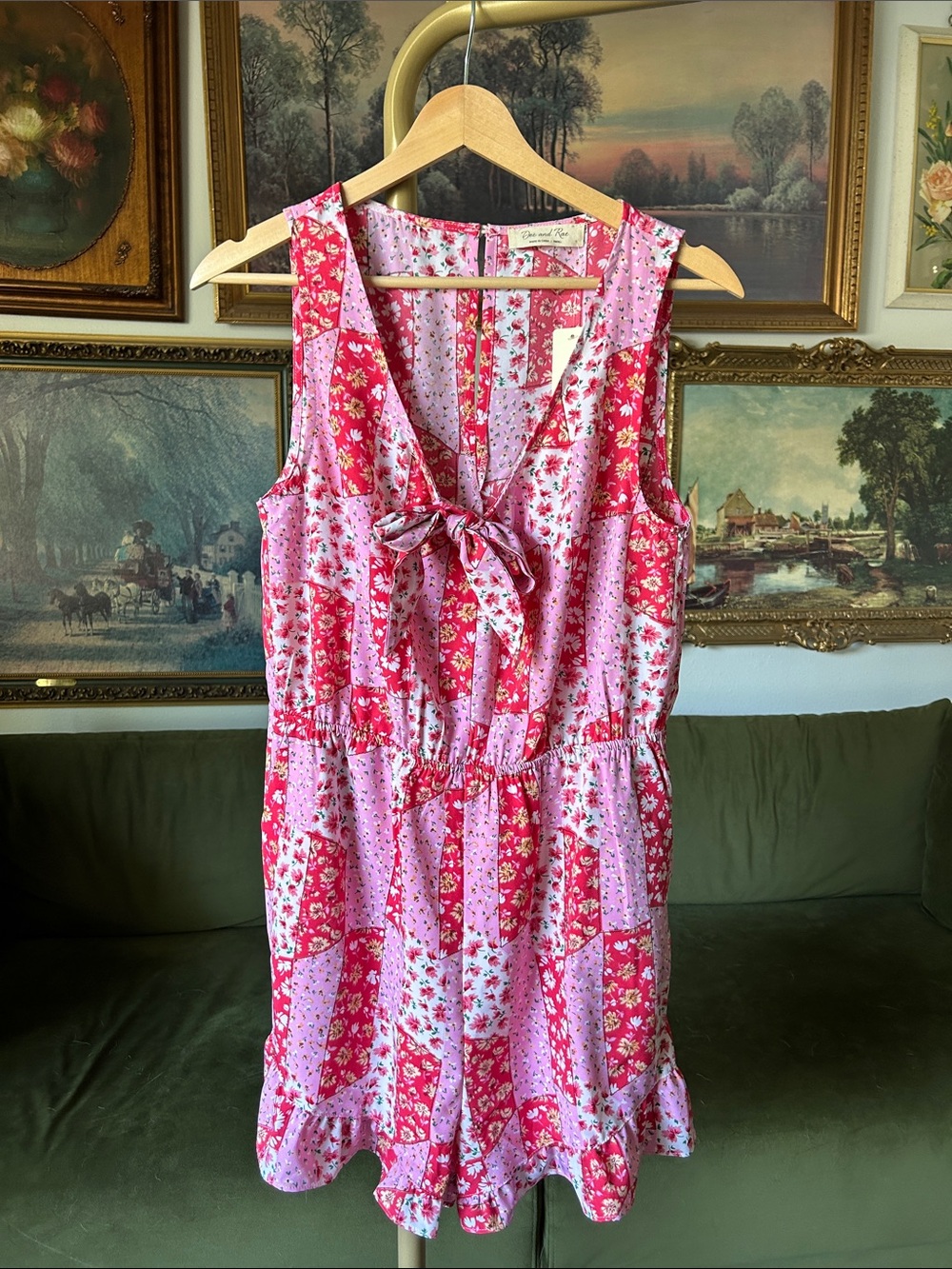 NWT Doe & Rae Pink Floral Patchwork Tie-Front Romper